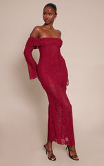 Burgundy Lace Fold Over Bandeau Maxi Dress