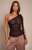 Black Textured Lace Frill Drape Detail Asymmetric  Top