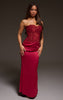 Burgundy Corset Detail Satin Ruched Maxi Dress