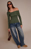 Olive Long Sleeve Asymmetric Shoulder Knitted Top