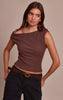 Chocolate Soft Brushed Rib Asymmetric Neckline Long Top