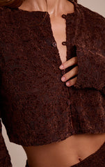 Dark Brown Lace Button Up Long Sleeve Crop Top