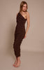 Chocolate Glitter Plisse Ruched One Shoulder Midi Dress