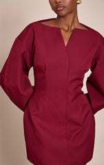 Burgundy Cocoon Sleeve Cinched Waist Blazer Dress