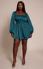 Plus Emerald Green Satin Ruched Cup Puff Sleeve Mini Dress