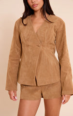 Tan Structured Faux Suede Tailored Shorts