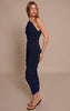 Navy Glitter Plisse Ruched One Shoulder Midi Dress