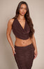 Chocolate Slinky Tie Back Cowl Neck Top