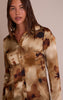 Brown Floral Abstract Print Satin Fitted Shirt