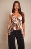 Brown Abstract Print Mesh Ruffle Detail Cami Top
