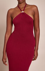 Burgundy Halterneck Trim Detail Maxi Dress