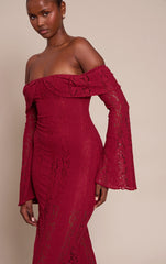 Burgundy Lace Fold Over Bandeau Maxi Dress