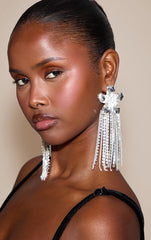 Silver Flower Diamante Drape Statement Earrings