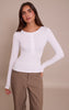 White Soft Rib Button Up Fitted Long Sleeve Top