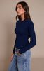 Navy Ribbed Knit Long Sleeved Polo Top