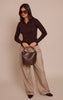 Chocolate Ribbed Knit Long Sleeved Polo Top