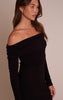 Black Ribbed Fold Over Bardot Long Sleeve Maxi Dress