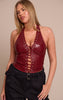 Shape Plum Faux Leather Halter Neck Lace Up Corset