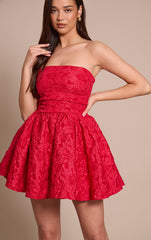 Red Jacquard Bandeau Lace Up Back Shift Dress