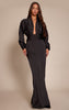 PLT Label Black Satin Long Sleeve Plunge Maxi Dress