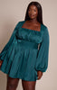 Plus Emerald Green Satin Ruched Cup Puff Sleeve Mini Dress