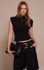 Black Shoulder Pad Pleated Boat Neck Top