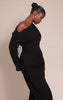 PLT Label Black Asymmetric Batwing Sleeved Cinched Waist Maxi Dress