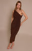 Chocolate Glitter Plisse Ruched One Shoulder Midi Dress