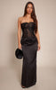 Black Corset Detail Satin Ruched Maxi Dress