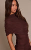 Chocolate  Mesh Overlay Ruched Short Sleeve Mini Dress