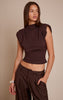 Chocolate Shoulder Pad Pleated Boat Neck Top