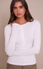 White Soft Rib Button Up Fitted Long Sleeve Top