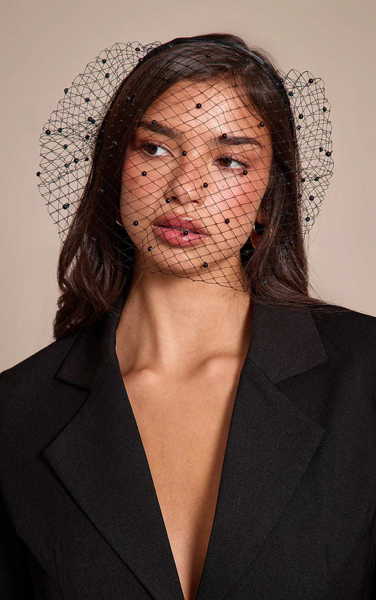 Black Beaded Fishnet Veil Headband