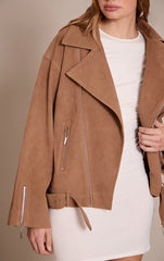 Camel Faux Suede Oversized Biker Jacket