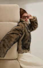 Dark Brown High Neck Faux Fur Pull On Coat