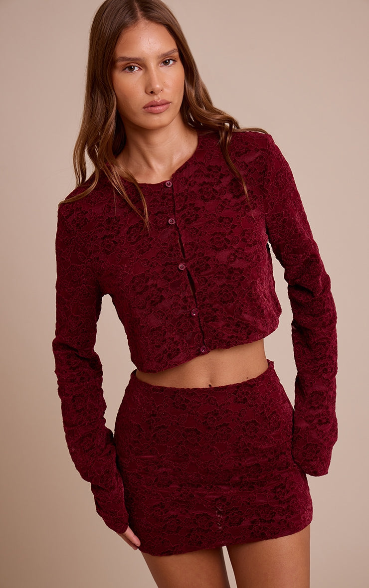 Dark Wine Lace Button Up Long Sleeve Crop Top