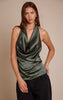 Forest Green Satin Drape Plunge Cowl Top