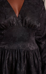 Plus Black Floral Jacquard Flute Sleeve Mini Dress