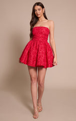 Red Jacquard Bandeau Lace Up Back Shift Dress