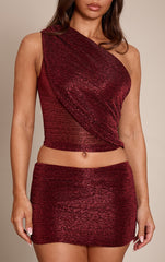 Dark Wine Glitter Ruched Mini Skirt Mid Rise