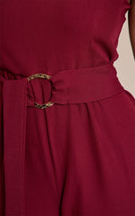 Burgundy Woven Crew Neck Belt Wide Leg Jumpsuit