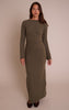 Khaki Brushed Tie Back Long Sleeve Maxi Dress