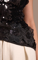 Black Sequin Flower Detail Asymmetric Top