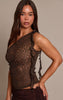 Chocolate Textured Lace Frill Drape Detail Asymmetric  Top