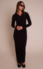 Black Ribbed Button Down Collar Detail Long Sleeve Maxi Dress