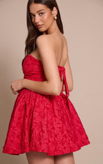 Red Jacquard Bandeau Lace Up Back Shift Dress