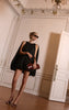 Premium Black Woven Cape Sleeve Puffball Mini Dress