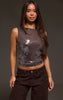 Brown Sequin Cowl Back Boatneck Fitted Top