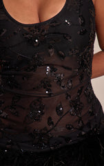 Shape Black Floral Sheer Sequin Feather Trim Mini Dress