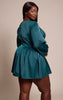 Plus Emerald Green Satin Ruched Cup Puff Sleeve Mini Dress
